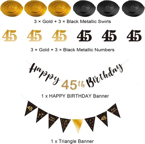 Miniatura 2 de BRT Bearingshui Kit de decoración de cumpleaños número 45 para hombres y mujeres, pancarta de feliz cumpleaños 45, serpentinas de remolinos