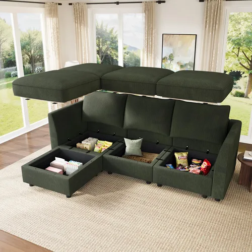 Miniatura 5 de HONBAY Sofá seccional modular con almacenamiento en forma de L sofá seccional, sofás convertibles para sala de estar - verde