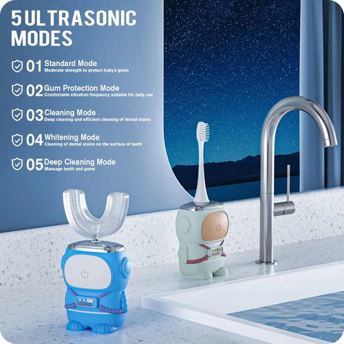 Miniatura 3 de RexCodar Cepillo de dientes eléctrico ultrasónico en forma de U para niños, IPX7 impermeable, cinco modos de limpieza, astronauta de dibujos