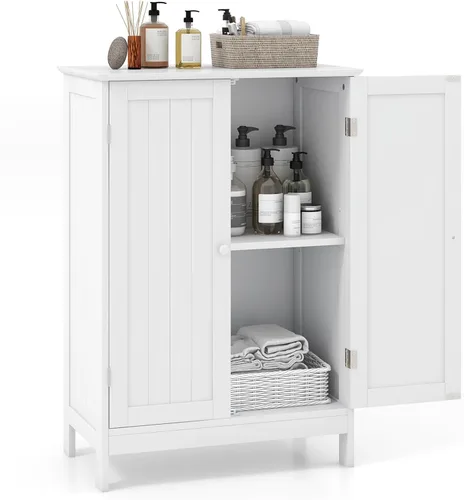 BECOMFORT Armario de almacenamiento de baño, armario de piso con puertas dobles y estante ajustable, muebles modernos para el hogar, organizadores