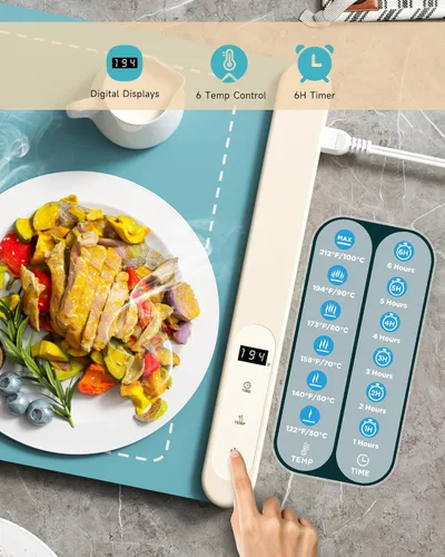 Miniatura 2 de Tapete de calentamiento para alimentos, calentador de alimentos esenciales para el hogar, 6 ajustes de temperatura y temporizador, calentamiento