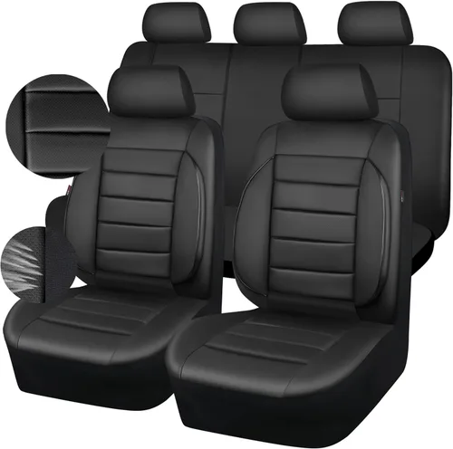 CAR PASS Fundas de Asiento de Cuero Juego Completo Universal Resistente al Agua Soporte Trasero de Espuma 3D, Comodidad de Lujo Automotriz 5 Fundas