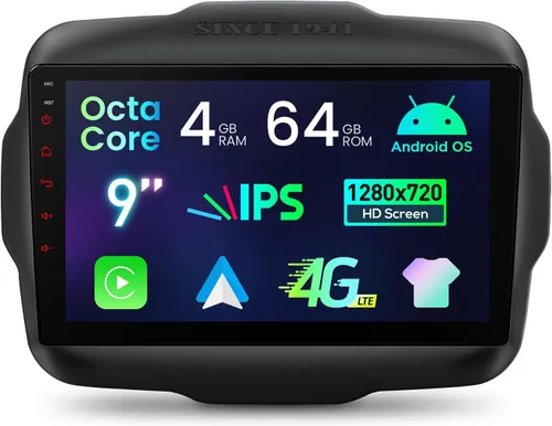 XTRONS Android 14 Estéreo de coche para Jeep Renegade, Octa Core 4+64GB Radio de coche, 9 pulgadas pantalla táctil navegación GPS Bluetooth unidad