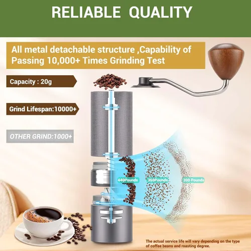 Miniatura 6 de Popsweet C38 - Molinillo de café manual con rebabas exteriores cónicas de acero inoxidable desmontables, molienda de granos de café de 400 libras