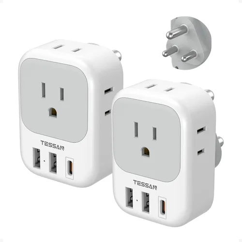 Adaptador de enchufe para Sudáfrica, 2 unidades, adaptador de corriente TESSAN tipo M con 4 salidas de CA, 3 puertos USB (1 USB C), adaptador de