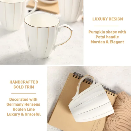 Miniatura 3 de DUJUST Juego de 4 tazas de café (13.5 onzas), diseño británico de lujo con adornos dorados hechos a mano, juego de tazas de porcelana blanca