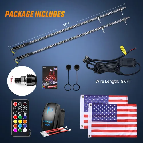 Miniatura 8 de Nilight 2 luces LED RGB en espiral de 3 pies con luz RGB de persecución/baile RF, control remoto de antena iluminada para Can-am ATV UTV RZR Polaris