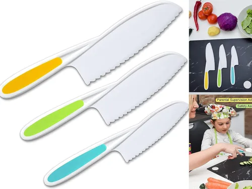 Miniatura 6 de Leking Juego de 3 cuchillos de cocina para niños, bordes dentados de plástico, para cocinar y cortar pasteles, frutas y verduras, perfectamente