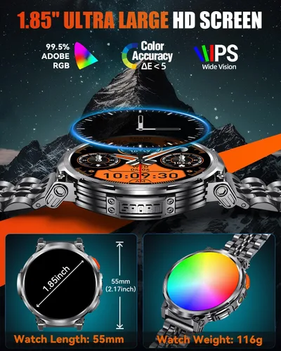 Miniatura 2 de Reloj inteligente militar de pantalla grande de 1.85 pulgadas para hombres con linterna, batería grande de 730 mAh, impermeable IP68, llamadas