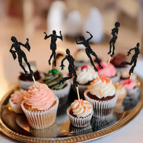 Miniatura 8 de 24 piezas de decoración de cupcakes de discoteca de los años 70 con purpurina negra, selecciones bailarinas de los 80 para decoración de pasteles