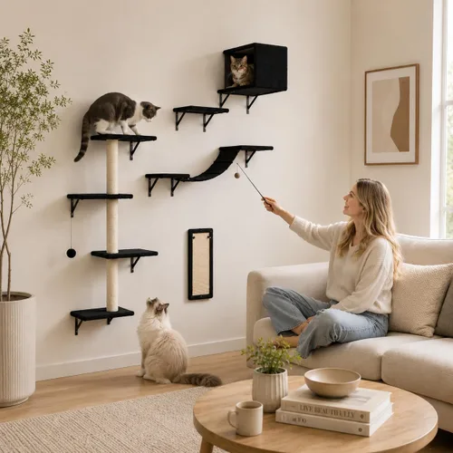 Miniatura 4 de Muebles modernos para gatos montados en la pared, 5 estantes de pared para gatos, escalador de madera incluye casa, puente, árbol, escalones