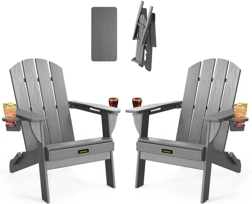 Miniatura 36 de Silla Adirondack Plegable, Sillas Adirondack de Plástico con Textura de Madera con 2 Portavasos, Silla para Hoguera de HDPE Resistente a