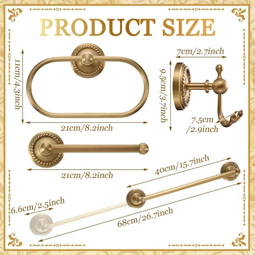 Miniatura 2 de Juego de 4 Piezas de Accesorios de Baño de Latón Antiguo Dorado Montados en la Pared Toallero y Anillo para Toallas y Portapapel Higiénico y Gancho