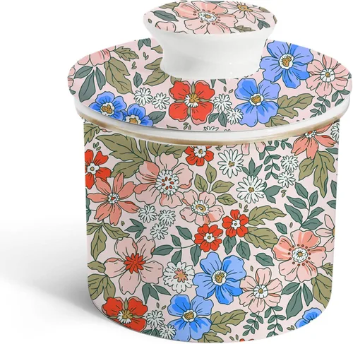 Mantequillera de cerámica con estampado floral rosa vintage, bonita olla de mantequilla francesa de flores para mostrador con línea de agua,