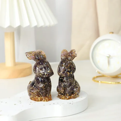 Miniatura 2 de Rockcloud Estatua de conejo hecha a mano de resina de cristal de amatista, estatua de piedra de cristal, escultura para decoración de oficina