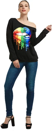 Miniatura 3 de MAGICMK - Suéter de hombros descubiertos y manga larga para mujer, blusas informales con estampado de labios, tallas extragrandes, holgadas