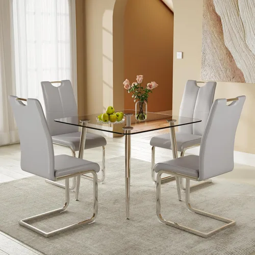 Miniatura 10 de Juego de mesa de comedor cuadrada de vidrio de 36 pulgadas con 4 sillas tapizadas de piel sintética con respaldo alto, diseño moderno de patas