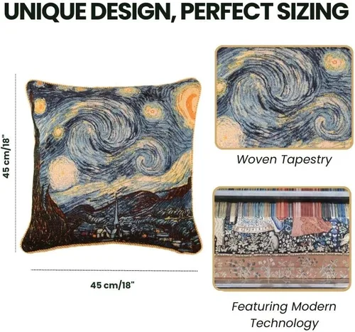 Miniatura 2 de Signare Van Gogh Artist Tapestry - Funda de almohada cuadrada de doble cara de 18 x 18 pulgadas (sin relleno) en diseño de noche estrellada