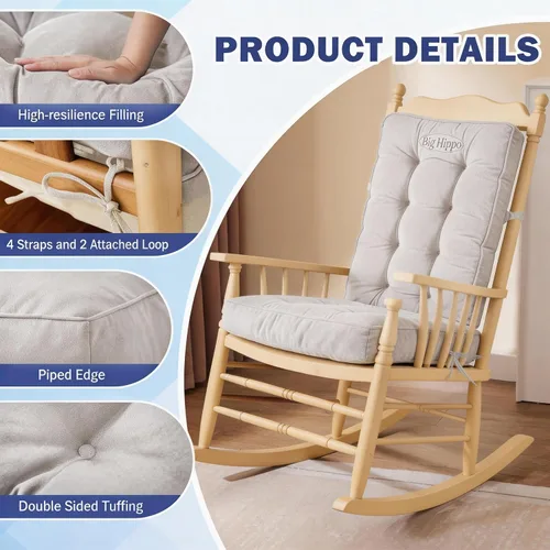 Miniatura 4 de Big Hippo Juego de cojines para silla mecedora con lazos, respaldo grueso copetudo y almohadillas de asiento para deslizador de madera y guardería