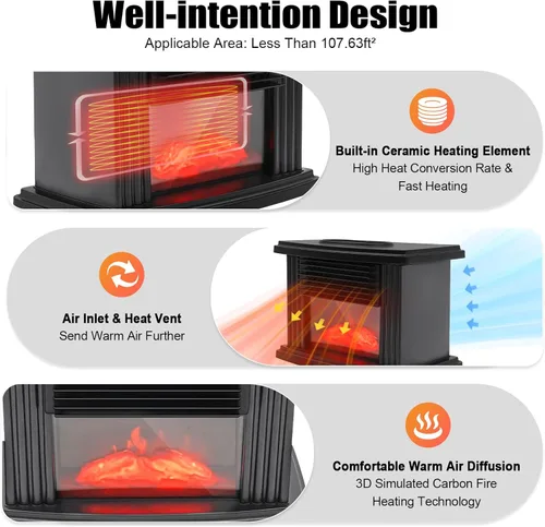 Miniatura 5 de Calentador eléctrico de chimenea, 1000 W, pequeña estufa de chimenea infrarroja independiente con temporizador de velocidad de 3 velocidades, efecto