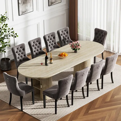 Miniatura 16 de Mesa de comedor redonda extensible con base de almacenamiento, mesa de comedor expandible natural de 63 a 94 pulgadas para 10 personas, mesa