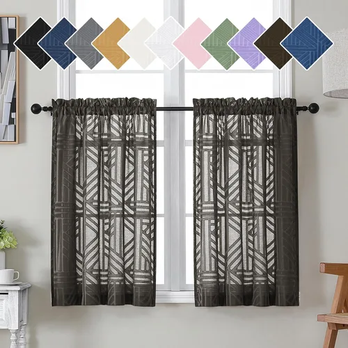 Miniatura 29 de Simplebrand Cortinas traslúcidas negras de cocina de 24 pulgadas de largo, 2 paneles, filtrado de luz, geométrico jacquard con textura, cortinas