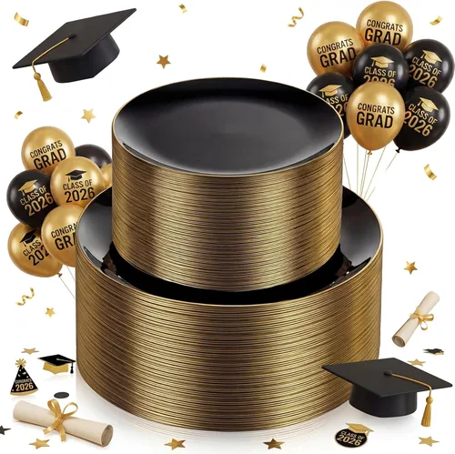 Miniatura 17 de KIRE 60 platos de plástico dorado – Platos desechables blancos resistentes de Acción de Gracias con borde dorado para fiesta/boda – Incluye 30
