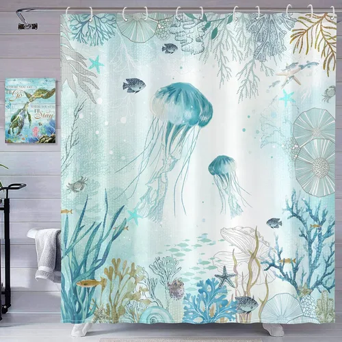 Miniatura 6 de Neasow Cortina de ducha náutica, cortinas de ducha con diseño de medusas verde azulado con 12 ganchos, cortina de baño coral de 72 x 72 pulgadas