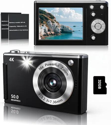 Cámara digital 4K para enfoque automático de fotografía, zoom de 16X, cámara digital compacta portátil de 50 MP para apuntar y disparar, cámaras de
