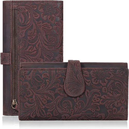 Miniatura 16 de Cartera de cuero genuino para mujer de cuero con bloqueo RFID - Tarjetero triple de diseñador para damas tipo clutch con ventana de identificación