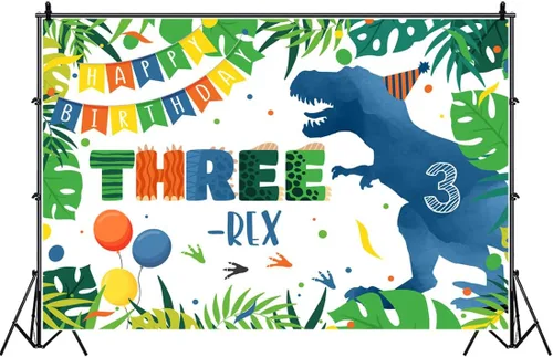Miniatura 3 de Telón de fondo de tercer cumpleaños de dinosaurio azul de 6 x 4 pies con dibujos animados de tres rex, hojas de palma verdes, fondo de fotografía