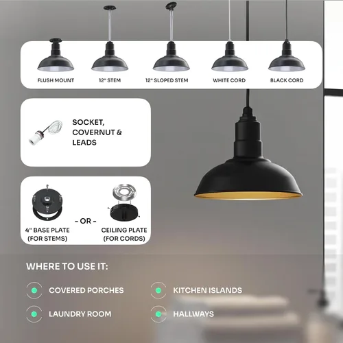 Miniatura 4 de Steel Lighting Co. El Segundo - Lámpara de granero Colgante montado en el techo Domo de 12 pulgadas Vástago de 12 pulgadas Luz de acero