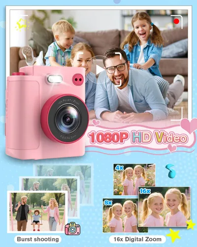 Miniatura 7 de Juguetes de cámara para niños de 3, 4, 5, 6, 7, 8, 9, 10 años, regalo de cumpleaños de Navidad con cámara digital HD 1080P, tarjeta SD de 32 GB, Rosa
