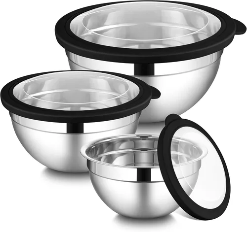 Miniatura 9 de LIANYU Juego de 3 tazones para mezclar con tapas, tazones de metal de acero inoxidable anidables grandes y pequeños para almacenamiento de cocina