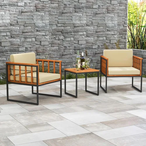 Miniatura 2 de Tangkula Juego de sillas de patio de 3 piezas, juego de sofá de madera de acacia para exteriores con soporte de metal, asiento suave y cojines