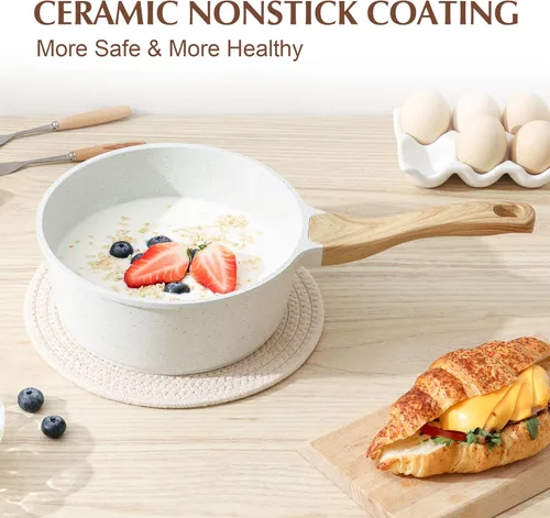 Miniatura 6 de SENSARTE - Set de Cacerola Antiadherente de Cerámica Blanca con Tapa, Olla de Cocina Pequeña con Mango de Enfriamiento Lento, Cacerola Compatible