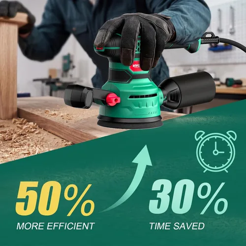 Miniatura 5 de Lijadora Orbital 3.8Amp 450W, HYCHIKA 6 Velocidades Variables Doble Mango Lijadora de Palma Orbital Aleatoria Eléctrica, Lijadora Eléctrica de 5
