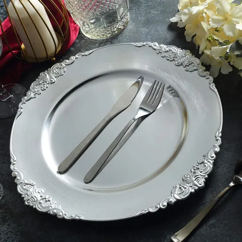 Miniatura 9 de Tableclothsfactory Paquete de 6 platos barrocos redondos de oro transparente de 13 pulgadas, borde en relieve de hojas para decoración de mesa