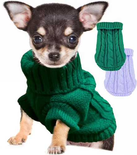 Miniatura 11 de 2 piezas de suéteres para perros con cuello alto de punto, suéter para Chihuahua y Yorkie, ropa para perros pequeños, trajes cálidos de invierno