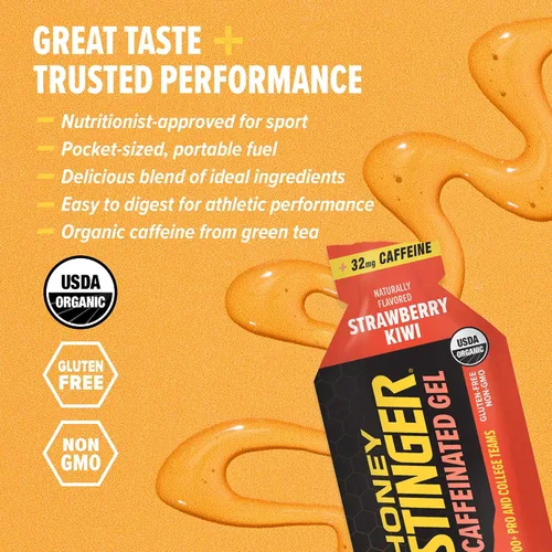 Miniatura 4 de Gel de energía de fresa y kiwi orgánico de Honey Stinger, con cafeína y sin gluten con miel orgánica, para ejercicio, running y rendimiento