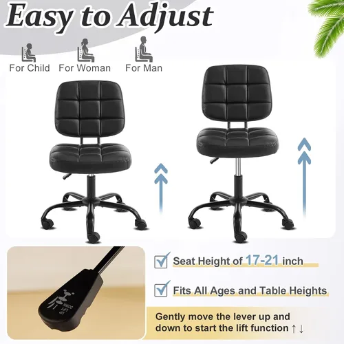 Miniatura 8 de VINGLI Silla de escritorio compacta y pequeña, linda silla sin brazos con ruedas, silla de tocador con respaldo bajo, silla de tarea ajustable