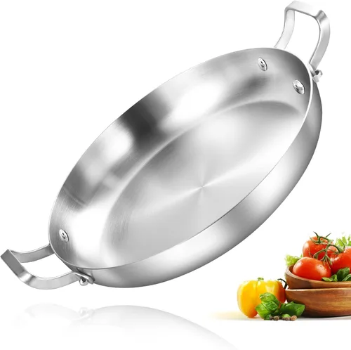 Inqibee Paella de acero inoxidable de tres capas de 10 pulgadas, sartén para tortillas, sartén grande, plancha, salteado, cocina jumbo, cocina de