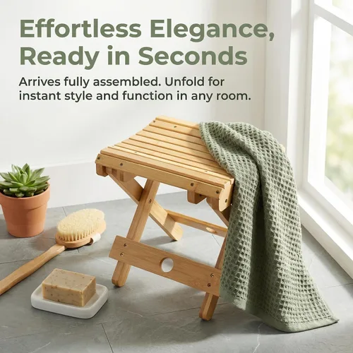Miniatura 5 de Lawei Taburete plegable de bambú – Taburete de ducha de bambú de 12 pulgadas de altura, sillas de asiento de spa para ducha, afeitado de piernas