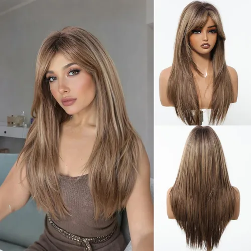 Miniatura 10 de Allbell - Peluca larga y lacia para mujer, color ombré castaño claro a rubio con flequillo, con reflejos, de cabello sintético, resistente al calor
