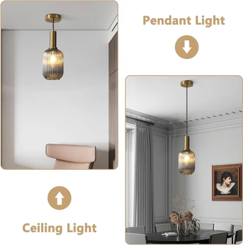 Miniatura 3 de KCO Lighting Lámpara Colgante Mini de Cristal Ahumado, Accesorio de Iluminación de 1 Luz Oro Cepillado, Luces Colgantes para Isla de Cocina
