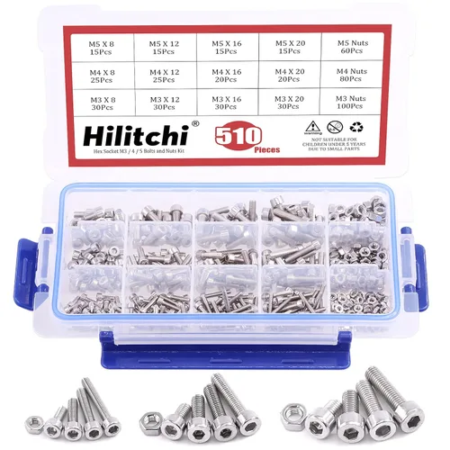 Miniatura 8 de Hilitchi Juego de 510 tornillos de cabeza hexagonal de acero inoxidable M3 M4 M5, cabeza de botón, tornillos y tuercas, acero inoxidable 304