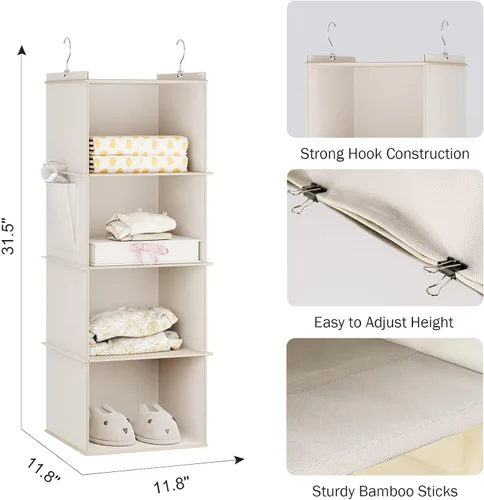 Miniatura 3 de YOUDENOVA Organizador colgante de armario, 4 estantes de almacenamiento colgantes para armario, color beige