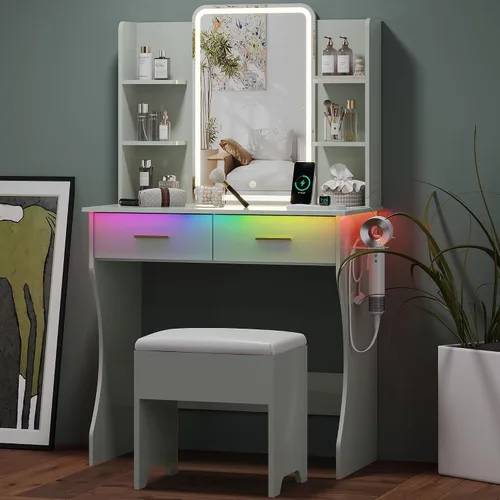 Miniatura 14 de Mesa de Tocador Pequeña con Espejo y Luces, Tocador de Maquillaje con Espejo Iluminado por LED, Tocador con Luces y Silla, Mesa de Vestir Ajustable