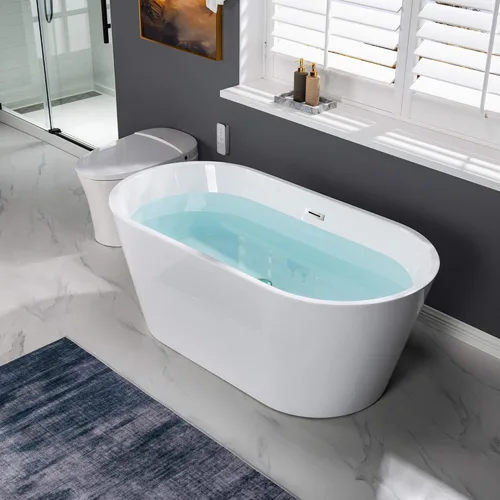 Miniatura 2 de WOODBRIDGE Bañera independiente de acrílico de 59 "bañera contemporánea de remojo blanco con desbordamiento y drenaje de cromo, B0014-CH Cromado