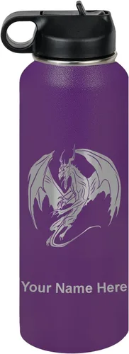 Miniatura 51 de LaserGram Botella de agua con tapa abatible de doble pared de 12 onzas con pajilla, dragón, grabado personalizado incluido (negro)